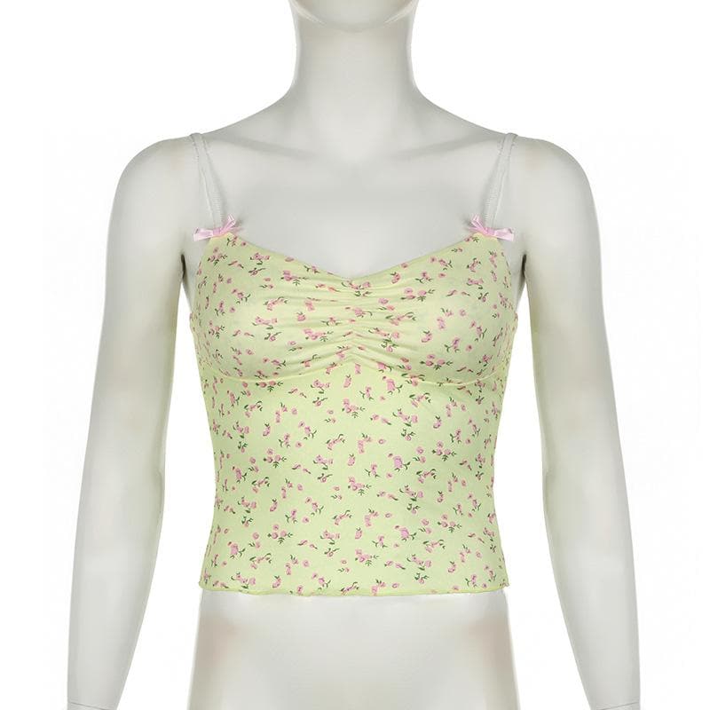 Bowknot flower print ruched ruffle cami top