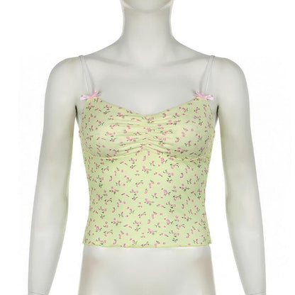 Bowknot flower print ruched ruffle cami top