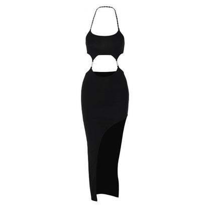Metal chain halter backless hollow out slit solid cut out midi dress