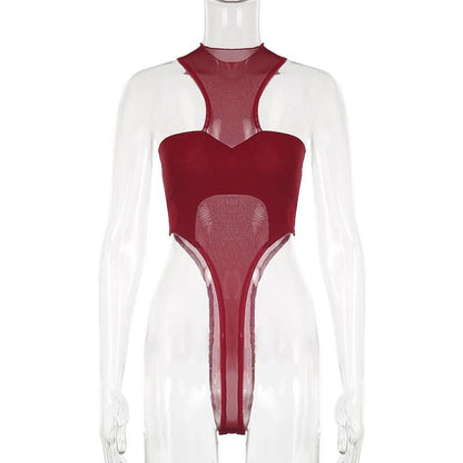 Crewneck mesh solid button bodysuit