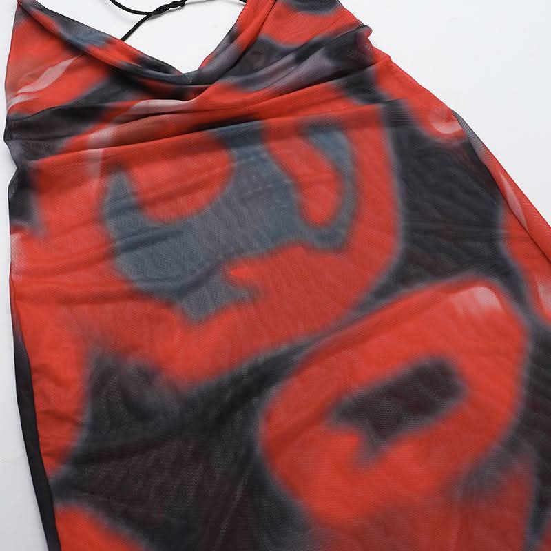 Cowl neck sheer mesh print spaghetti strap maxi dress