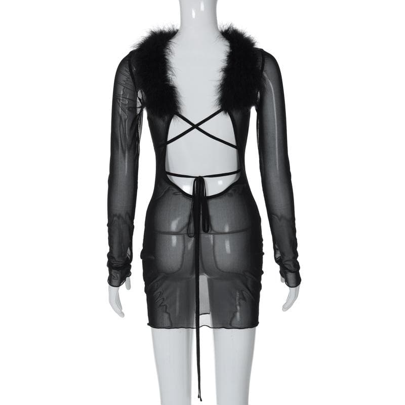 Long sleeve sheer mesh feather ruffle backless mini dress