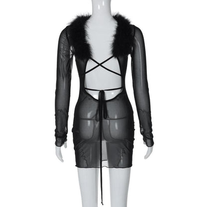 Long sleeve sheer mesh feather ruffle backless mini dress