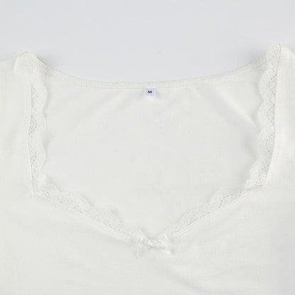Short sleeve bowknot lace hem top