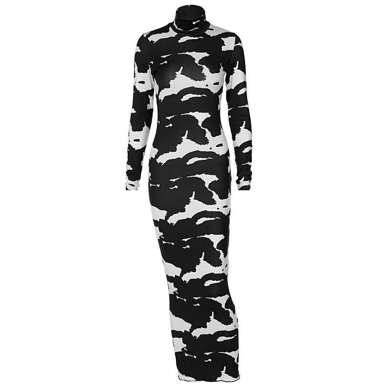 Mock Neck Long Sleeve Abstract Print Bodycon Mini Dress