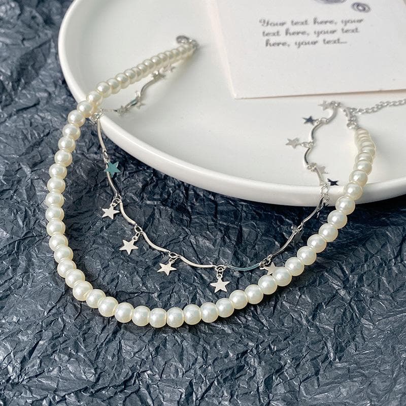 Faux pearl layered tassels choker necklace