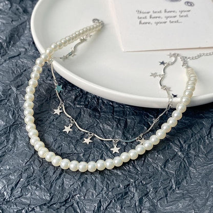 Faux pearl layered tassels choker necklace