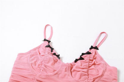 Bowknot mesh ruched v neck backless cami top