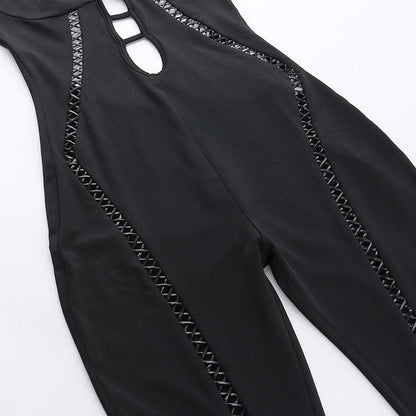 Lace up hollow out halter o ring backless solid jumpsuit