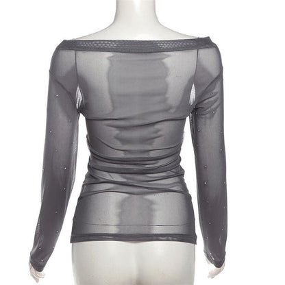 Off shoulder long sleeve beaded sheer mesh solid top