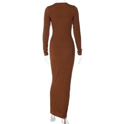 Long sleeve solid round neck maxi dress-final-sale