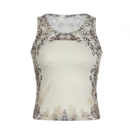 Sleeveless u neck print ribbed top