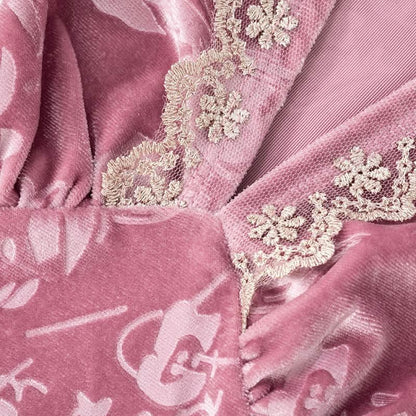 Lace hem v neck flower print velvet maxi dress