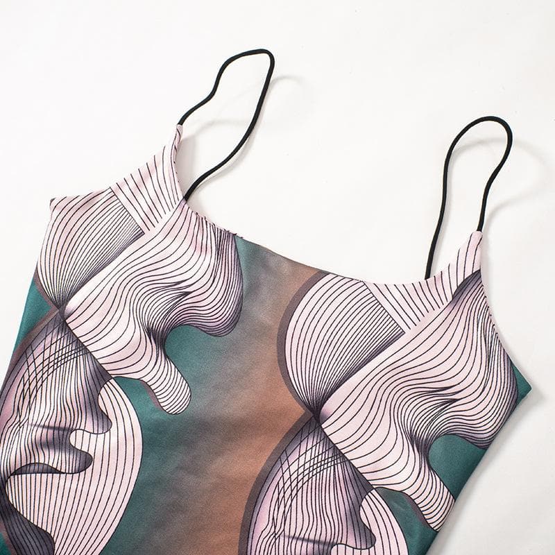 U neck abstract print contrast cami midi dress