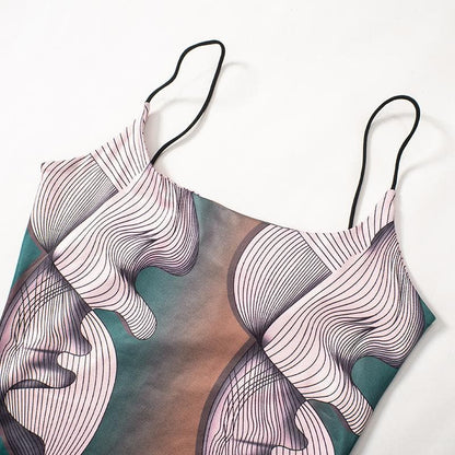 U neck abstract print contrast cami midi dress