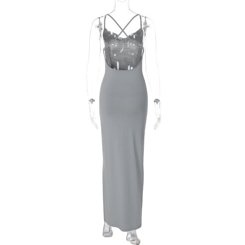 Cowl neck slit ruched cross back midi dress