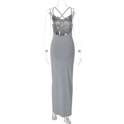 Cowl neck slit ruched cross back midi dress