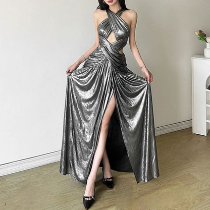 Cross front hollow out high slit ruched metallic cut out maxi dress