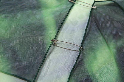 Halter drawstring mesh flared sleeve tie dye 2 piece crop top