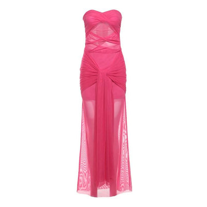 Mesh ruched hollow out see through tube cut out maxi dress-final-sale