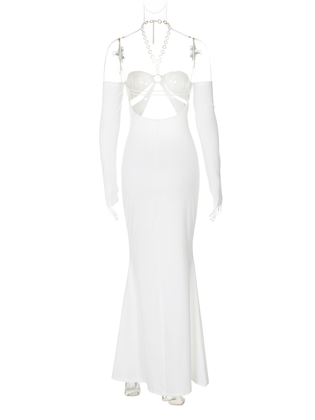 Off shoulder halter o ring hollow out metal chain cut out maxi dress