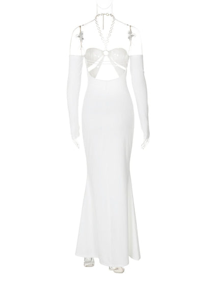 Off shoulder halter o ring hollow out metal chain cut out maxi dress