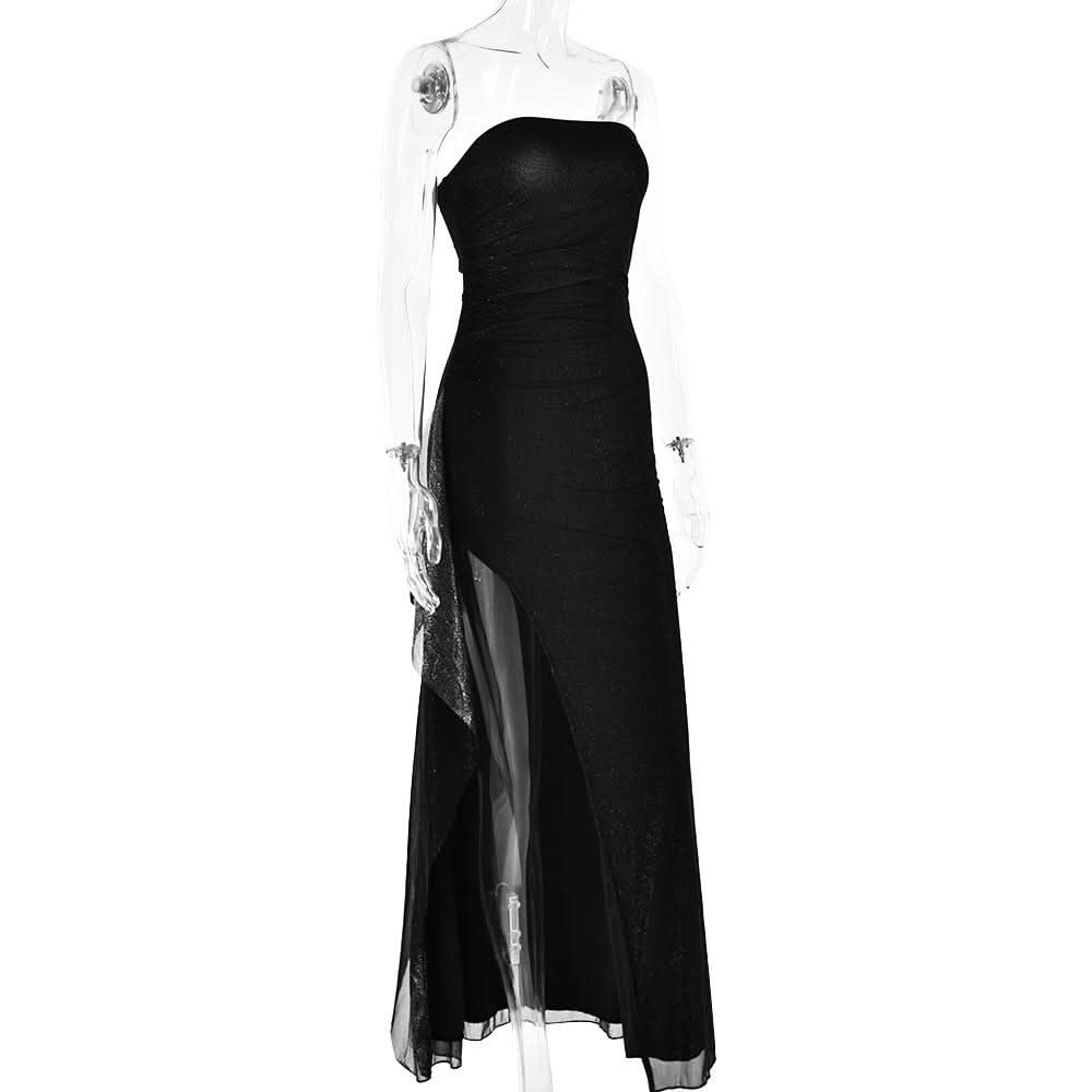 Slit ruched backless irregular tube maxi dress