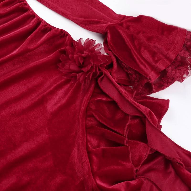 Long flared sleeve velvet ruffle slit midi dress