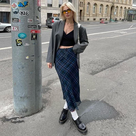 Plaid contrast print high rise midi skirt-final-sale