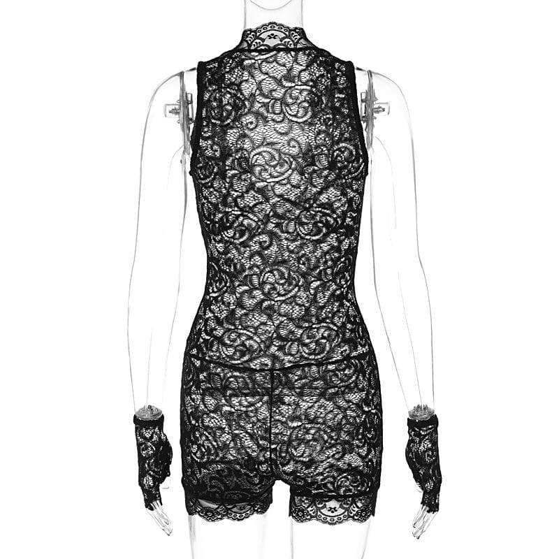 Deep v neck lace gloves see through romper