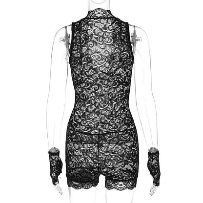 Deep v neck lace gloves see through romper