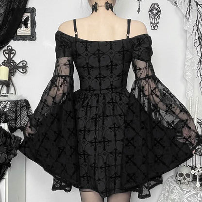 Long flared sleeve off shoulder cross applique mini dress