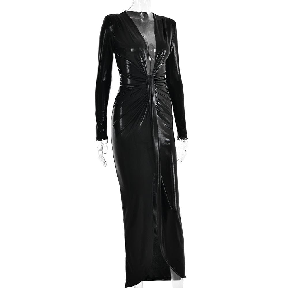 Ruched Metallic Long Sleeve V Neck Knotted Front Maxi Dress
