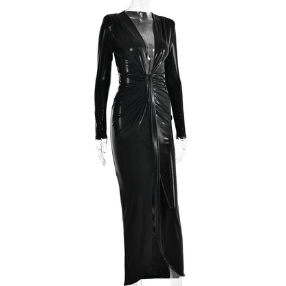 Ruched Metallic Long Sleeve V Neck Knotted Front Maxi Dress