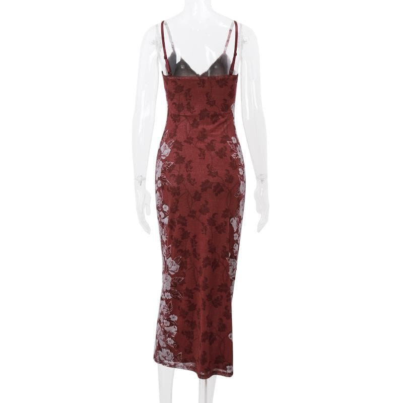 Placed Floral V Neck Spaghetti Strap Maxi Dress