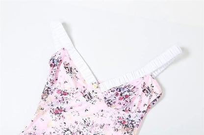 Ruched flower print contrast sleeveless v neck maxi dress-final-sale