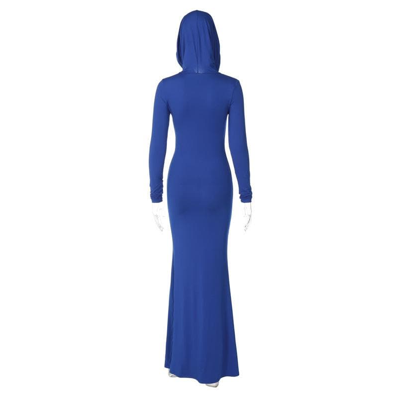 Hooded Cowl Neck Long Sleeve Bodycon Floor-Length Maxi Dress