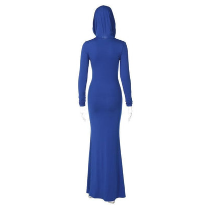 Hooded Cowl Neck Long Sleeve Bodycon Floor-Length Maxi Dress