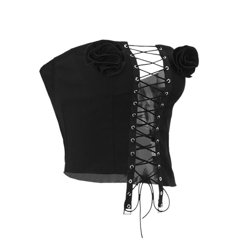 Lace up flower applique bustier denim tube top