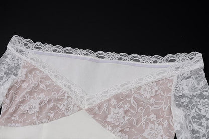 Long flared sleeve lace patchwork pleated ruched zip-up mini skirt set