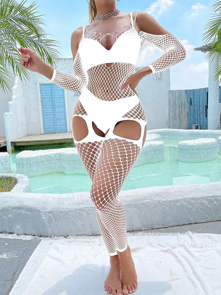 Fishnet hollow out off shoulder open crotch bodystocking
