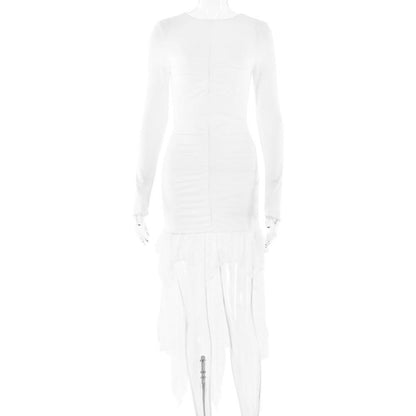 Long sleeve crewneck lace backless ruched midi dress