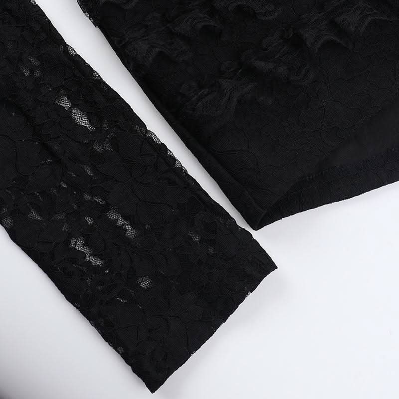 Hollow out zip-up bowknot lace hem long sleeve romper