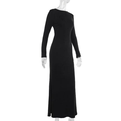 Long sleeve hollow out buckle crewneck cut out maxi dress