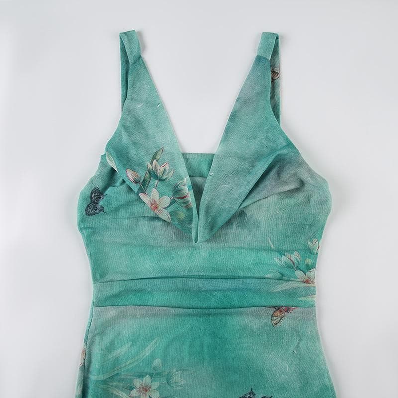 Cowl neck mesh butterfly print ruched cami maxi dress