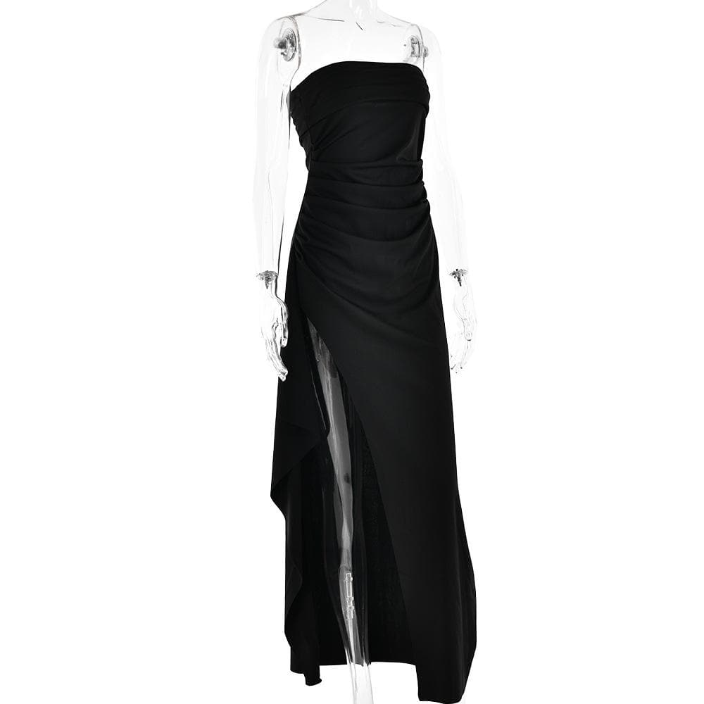 Ruched high slit irregular ruffle tube maxi dress