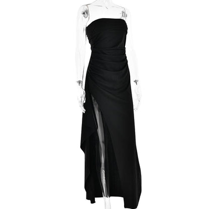 Ruched high slit irregular ruffle tube maxi dress