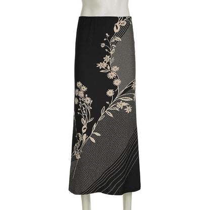 Polka dot flower print contrast maxi skirt