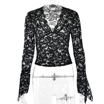 Flared sleeve v neck lace see through solid top-final-sale