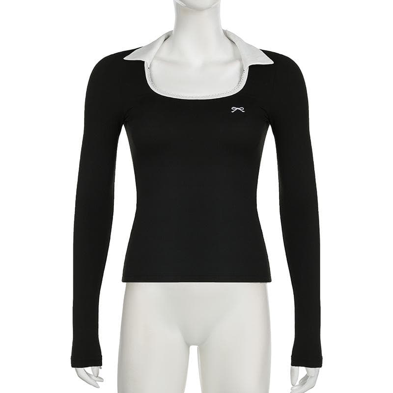Long sleeve turnover collar bowknot embroidery top